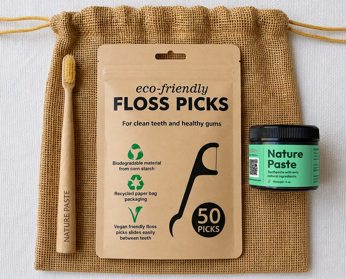 Bronze oral care kit with Nature Paste labeled toothpaste